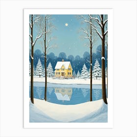 Yellow House By The Snowy Lake Art Print