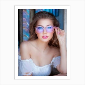 Captivating Blue Eyed Beauty Accentuated By Soft Pink Glasses Lips Tinted With Sheer Pink Gloss Se Art Print