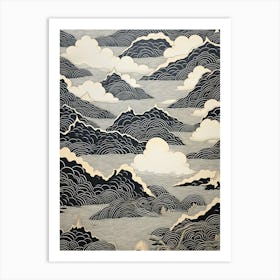 Chugoku Mountains In Multiple Prefectures, Ukiyo E Black And White Line Art Drawing 3 Art Print