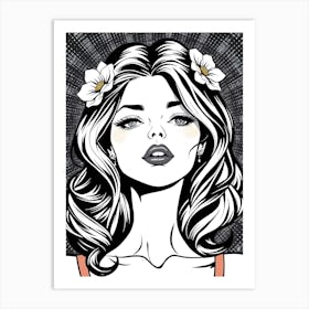 Girl With Flowers - Black and White Art Print