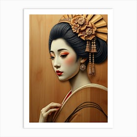 Geisha in Wood Work Style Art Print