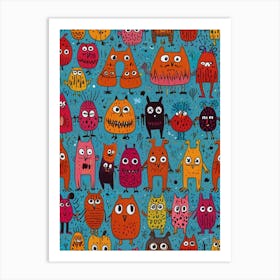 Monsters On A Blue Background Art Print