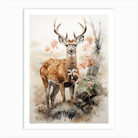 Deer, Japanese Brush Painting, Ukiyo E, Minimal 2 Art Print