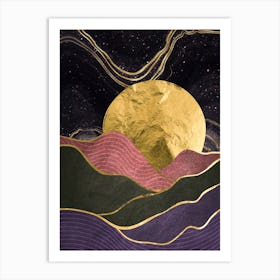 Gold And Purple Mountains - Gold landscape with moon #3 Art Print