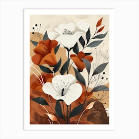 Flowers In Beige, Brown And White Tones, Using Simple Shapes In A Minimalist And Elegant 17 Art Print