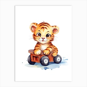 Baby Tiger On A Toy Car, Watercolour Nursery 2 Art Print