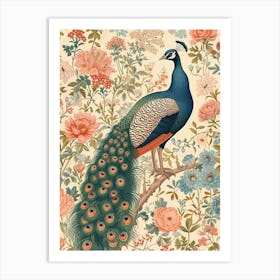 Sepia Blue & Blush Pink Peacock Art Print