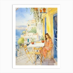 At A Cafe In Mykonos Greece Watercolour Art Print