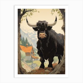 Black Bull With Picturesque Mountain Backdrop Art Print