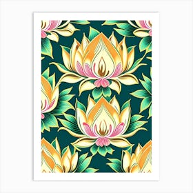 Lotus Flower Repeat Pattern Retro Illustration 2 Art Print
