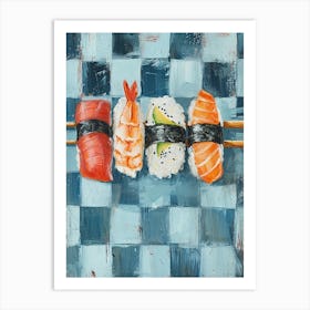 Nigiri Sushi Blue Checkerboard 4 Art Print