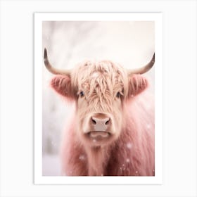Highland Cow Snow Portrait Pink Filter 2 Art Print