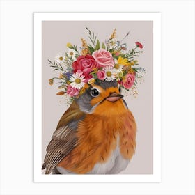 Bird With A Flower Crown European Robin Art Print