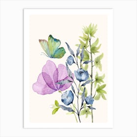 Watercolor Of Flowers And Butterflies Art Print