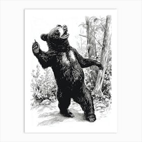 Malayan Sun Bear Dancing In The Woods Ink Illustration 3 Art Print
