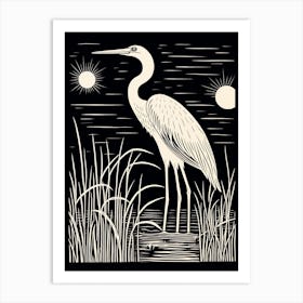 B&W Bird Linocut Egret 3 Art Print