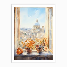 Window View Of Valletta Malta In Autumn Fall, Watercolour 2 Art Print