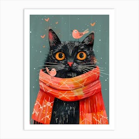 Black Cat With Birds Art Print