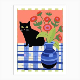 Black Cat With A Vase With Red Flowers Illustration Art Print