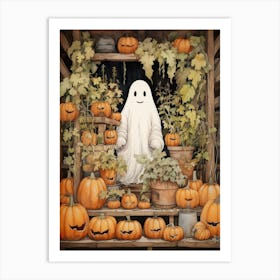 Cute Bedsheet Ghost, Botanical Halloween Watercolour 106 Art Print