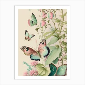 Butterflies On Plants Vintage Pastel 1 Art Print