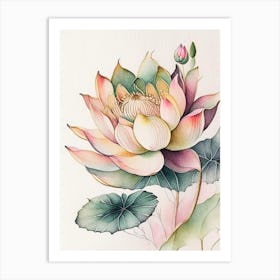 Lotus Flower Pattern Watercolour Ink Pencil 1 Art Print