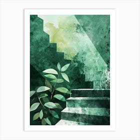 Green Stairs With Plant Art Print