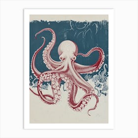 Retro Linocut Inspired Red & Navy Octopus 1 Art Print