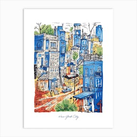 New York City Illustration Line Art Travel Blue Art Print