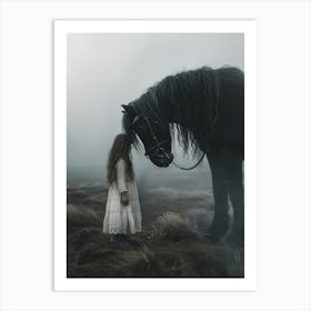 Girl And A black Horse Art Print