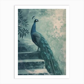 Vintage Peacock On Steps Cyanotype Inspired Art Print