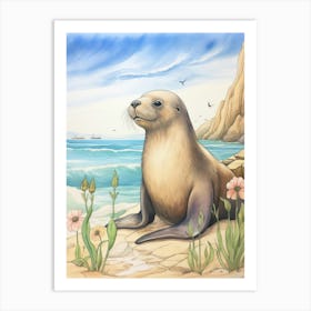 Storybook Animal Watercolour Sea Lion 1 Art Print