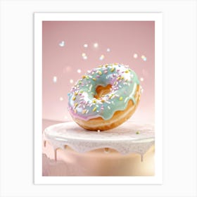 Hovering Glazed Porcelain Donut 3d Illustration Shimmering Gold Sprinkles Pastel Palette Visible Art Print