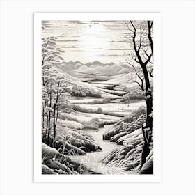 Aso Kuju National Park In Kumamoto, Ukiyo E Black And White Line Art Drawing 1 Art Print