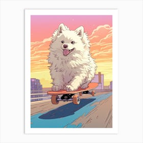 American Eskimo Dog Skateboarding Illustration 2 Art Print