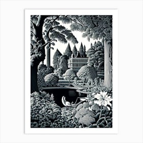 Nymphenburg Palace Gardens, Germany Linocut Black And White Vintage Art Print