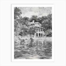 The Oasis On Lake Travis Austin Texas Black And White Watercolour 1 Art Print