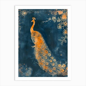 Orange & Navy Blue Floral Cyanotype Inspired Peacock 4 Art Print