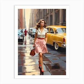 New York Middle 20th Century Walking Girl Retro Cars 1 Art Print