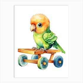 Baby Parrot On A Toy Car, Watercolour Nursery 3 Art Print