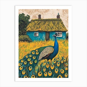 Blue Mustard Peacock By A Cottage Linocut Inspired 1 Art Print