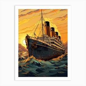 Titanic Ship At Sunset Seaillustration 1 Art Print