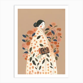 Girl With A Big Flower Dress And Handbag Art Print