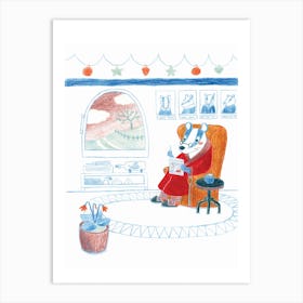 Badger In Armchair Reading Christmas Holiday Decorations Winter Art Print