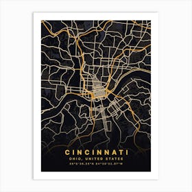 Cincinnati Ohio USA Black And Gold Map Art Print