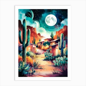 Desert Art: Vibrant watercolor painting of a moonlit adobe village surrounded by cacti and desert plants under a starry sky. Perfect for Southwestern charm and mystical vibes Art Print