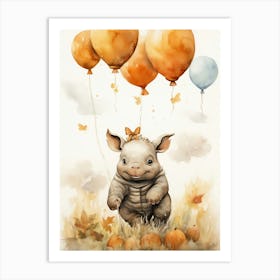 Rhino Flying With Autumn Fall Pumpkins And Balloons Watercolour Nursery 3 Art Print