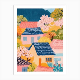 Village Roofs Gouache Painting Art Print