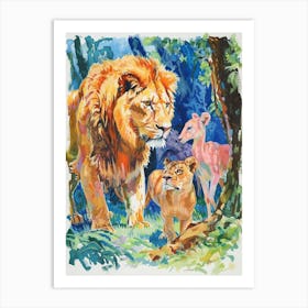 Asiatic Lion Interaction With Other Wildlife Fauvist Painting 3 Art Print