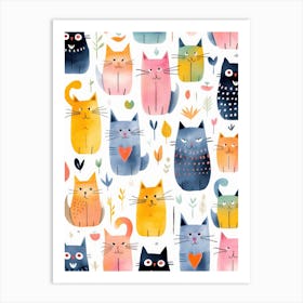 Watercolor Cats Pattern Art Print